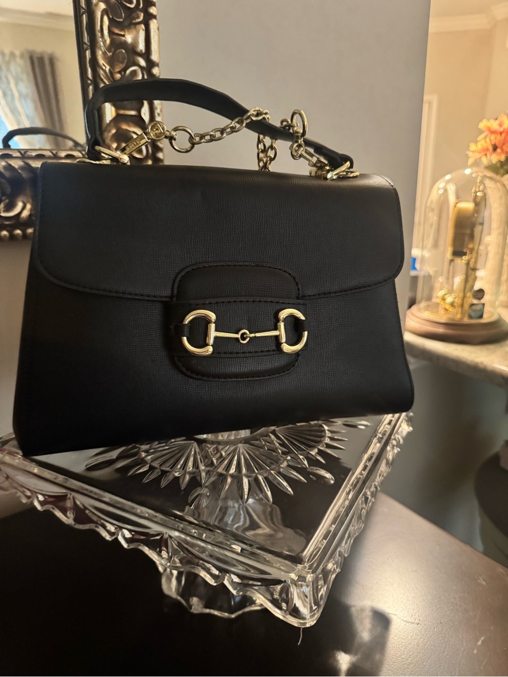 Structured Black Leather Satchel with Gold-Tone Horsebit Detail